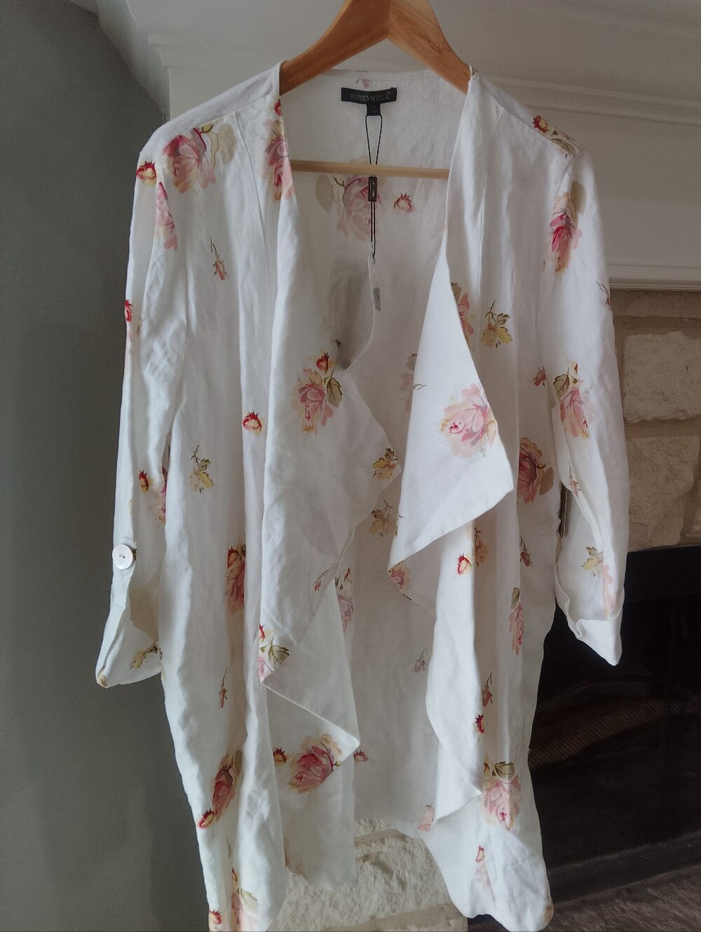For Cynthia White Floral Linen Draped Tunic with Pink & Cream Roses XL